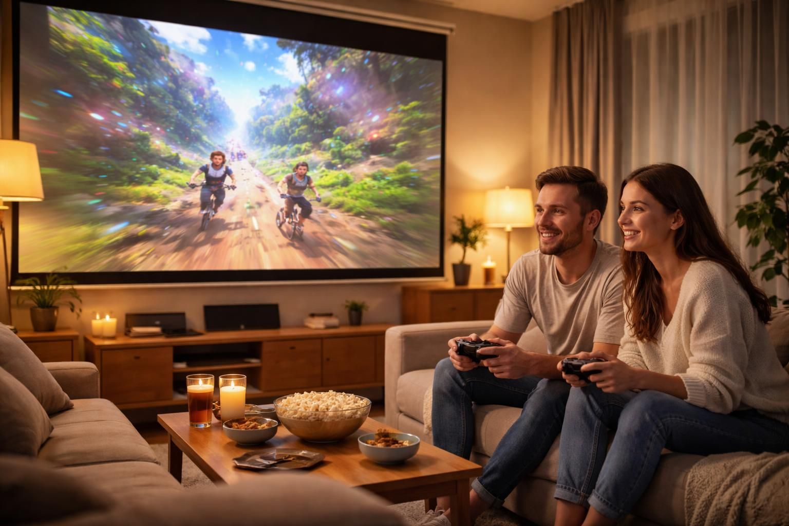 découvrez une soirée jeux à deux unique avec une projection immersive sur écran de projection, parfaite pour partager des moments complices en couple.